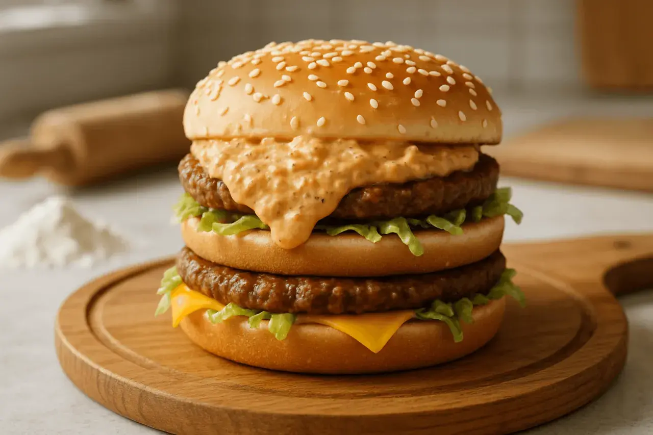 Podwójny burger z dwoma kotletami wołowymi, sałatą, serem i charakterystycznym sosem Big Mac, na drewnianej desce.