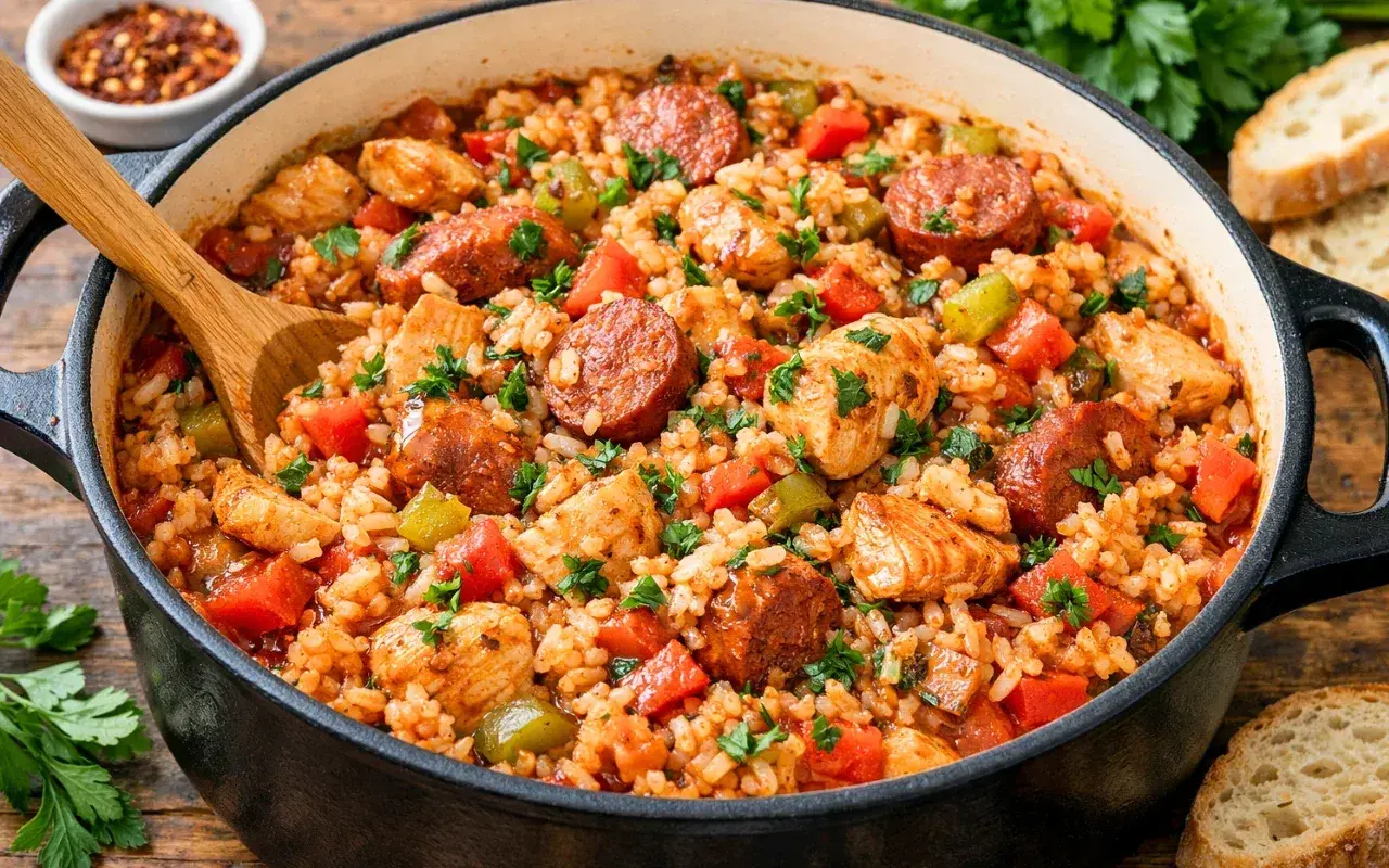 Aksamitne jambalaya z kurczakiem, kiełbasą i warzywami, posypane natką pietruszki, w czarnym naczyniu.