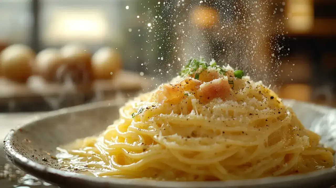 Spaghetti carbonara – oryginalny przepis ze śmietaną, posypane parmezanem i pieprzem. Pyszne danie, które zachwyci każdego.