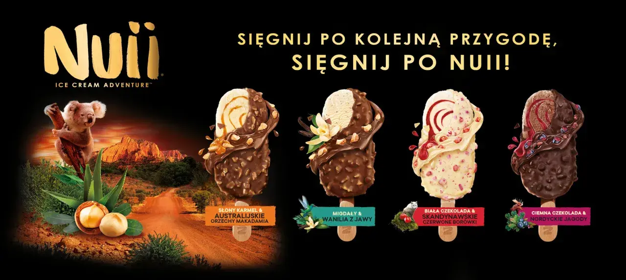 Nuii lody: koala w Australii, cztery smaki lodów: słony karmel, migdały z jawy, biała czekolada z borówkami, ciemna czekolada z jagodami.
