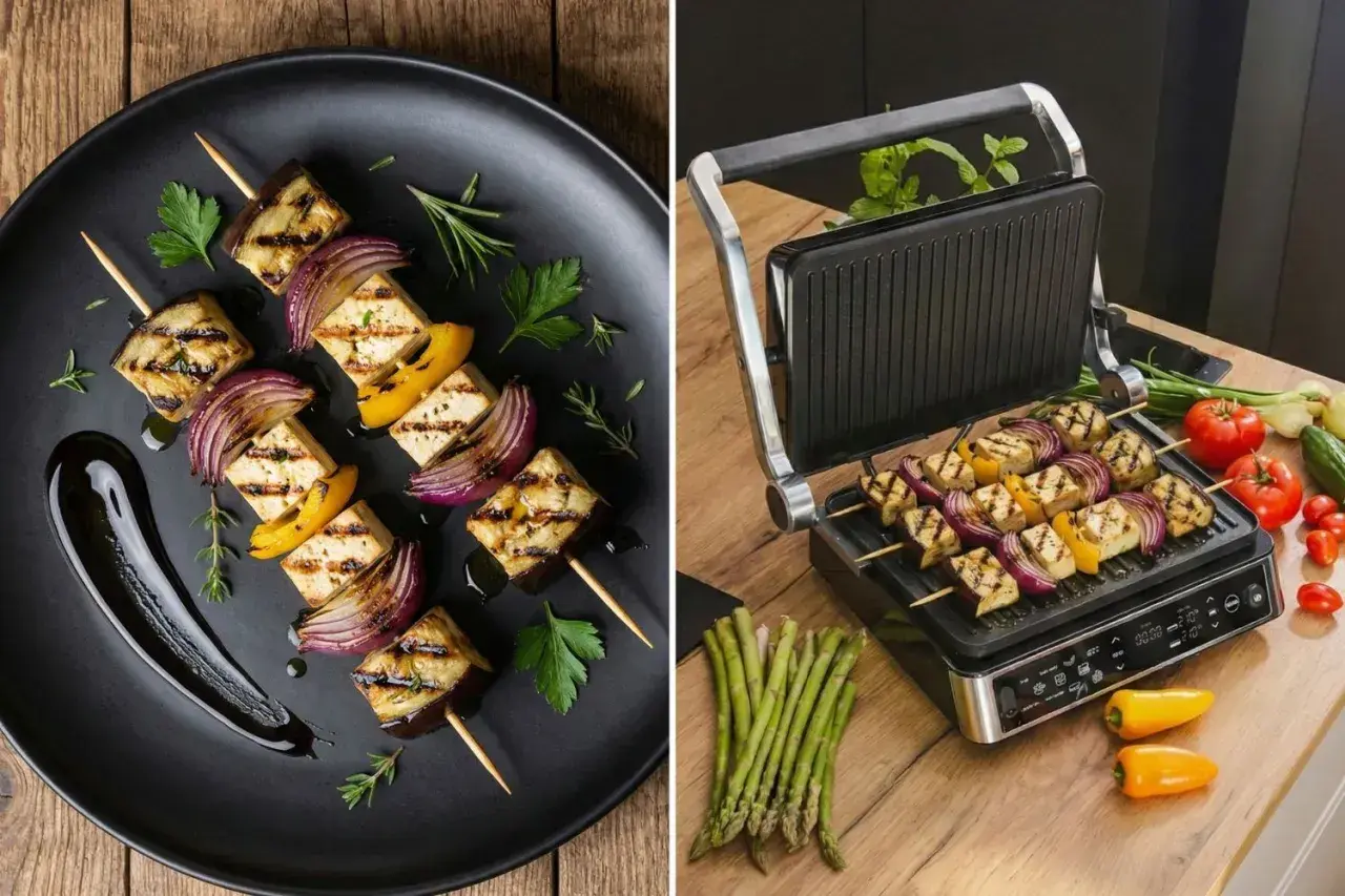 Pyszne warzywa na grilla: szaszłyki z bakłażana, tofu, cebuli i papryki, gotowe do podania lub w trakcie grillowania.