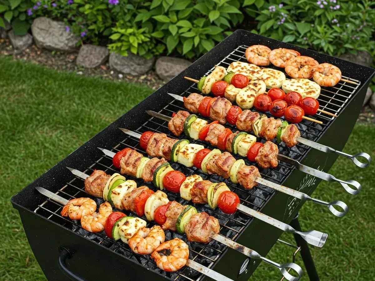 Grill pełen nietypowych dań z grilla: krewetki, ser halloumi, mięso i warzywa na szaszłykach.
