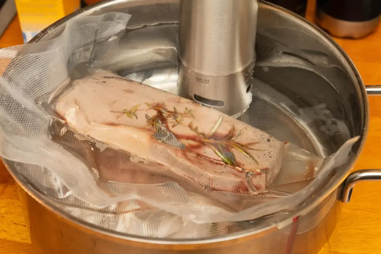 Mięso w woreczku z ziołami, zanurzone w wodzie z cyrkulatorem sous vide.