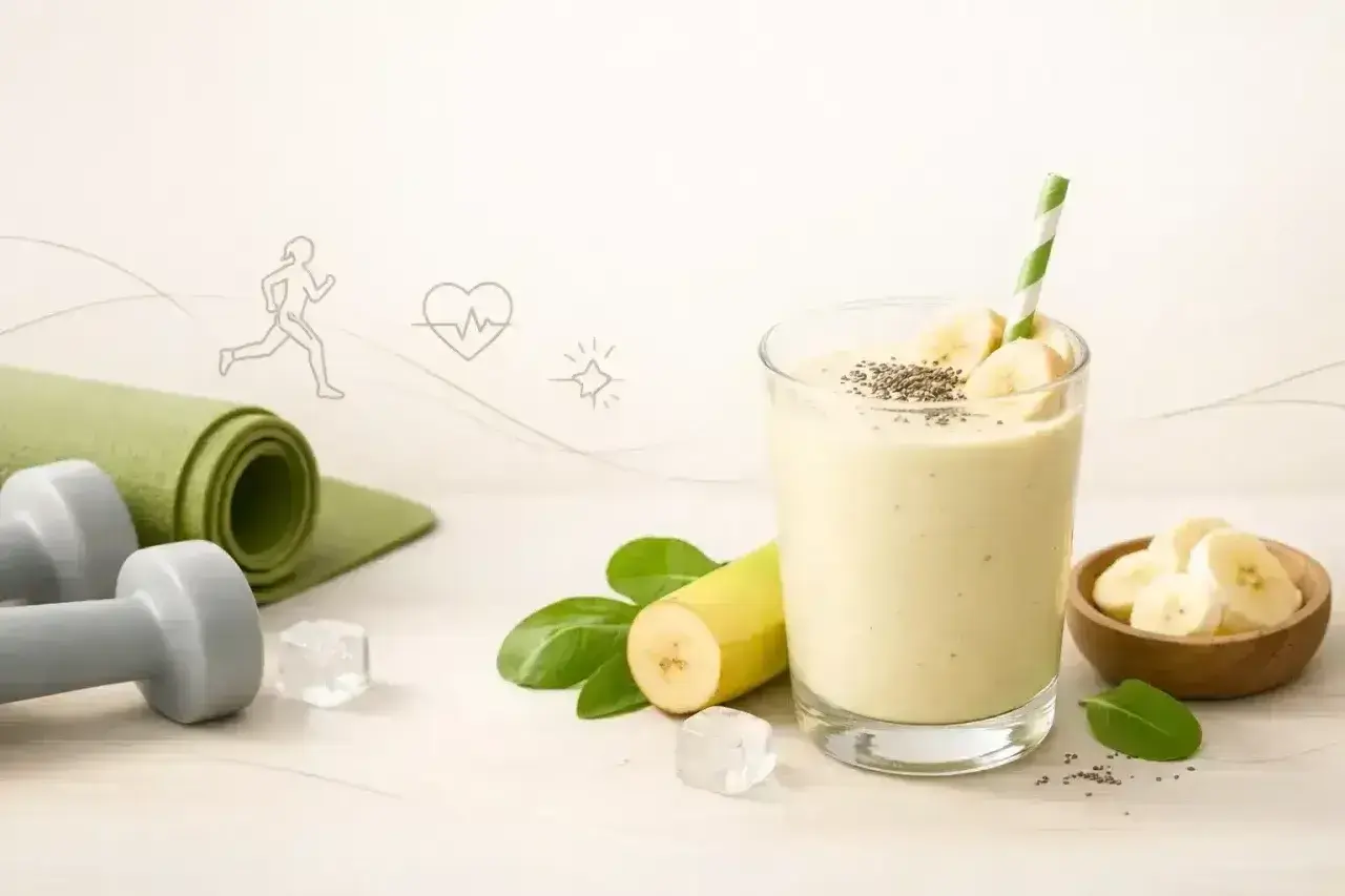 Idealny koktajl bananowy po treningu. Obok leżą hantle i mata do ćwiczeń.