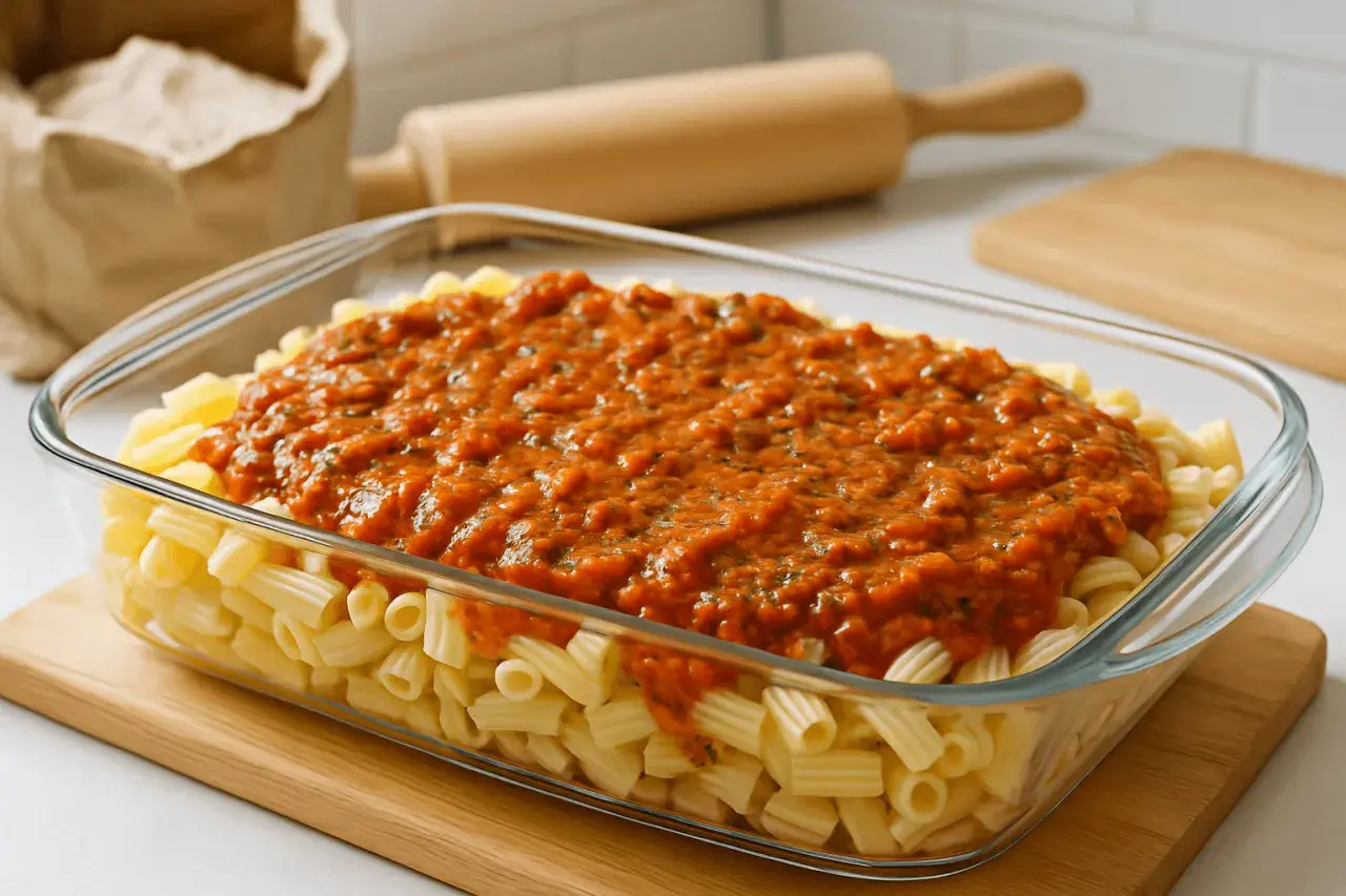 Pyszny, domowy sos do zapiekanki makaronowej w szklanym naczyniu, gotowy do pieczenia.