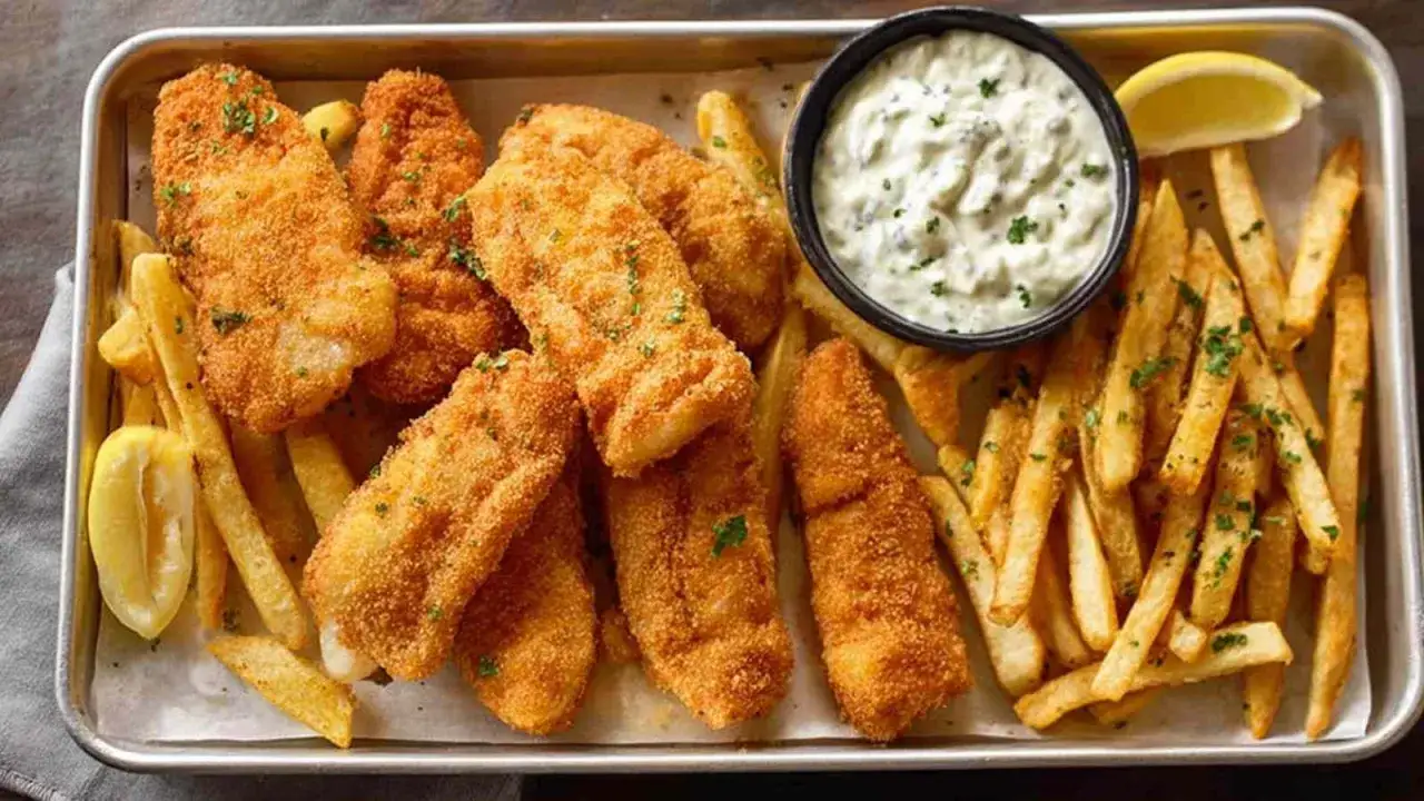 Chrupiące filety rybne i złociste frytki, idealne do domowego fish and chips przepisu. Podane z sosem tatarskim i cytryną.