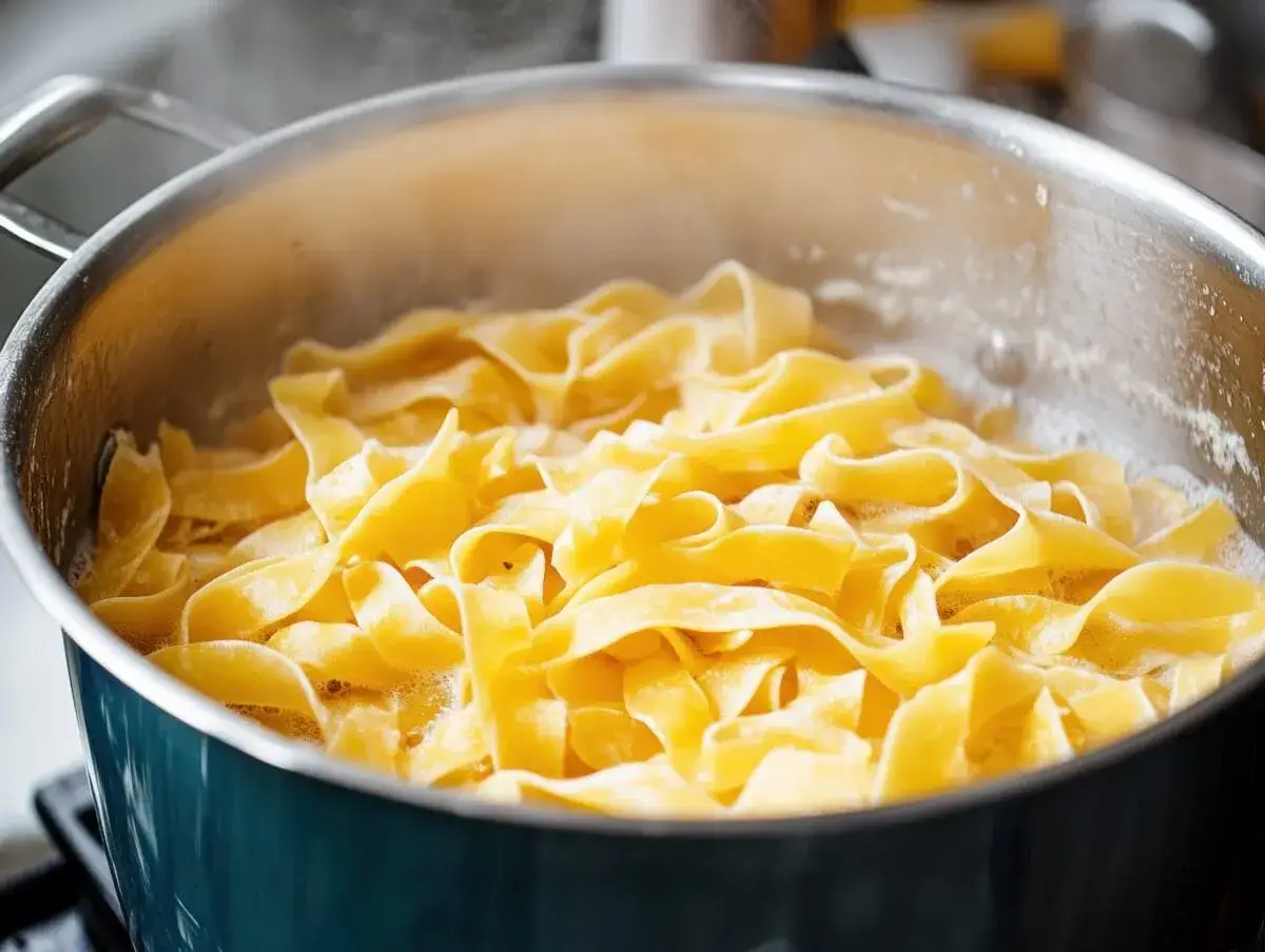 Szeroki, żółty makaron tagliatelle gotuje się w bulgoczącej wodzie. Idealny sposób, jak ugotować makaron do ulubionego sosu.