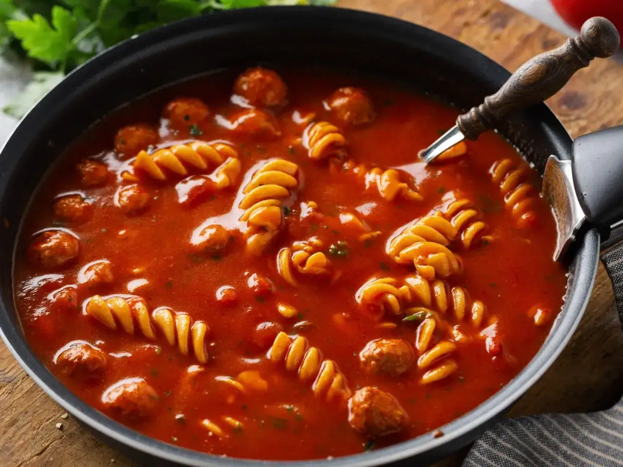 Gęsty, pomidorowy sos do potrawki z klopsikami i makaronem fusilli w czarnej patelni.