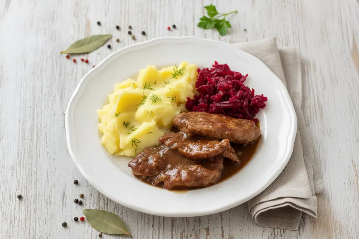 Bitki wieprzowe w sosie, podane z purée ziemniaczanym i buraczkami. Ania gotuje pysznie!
