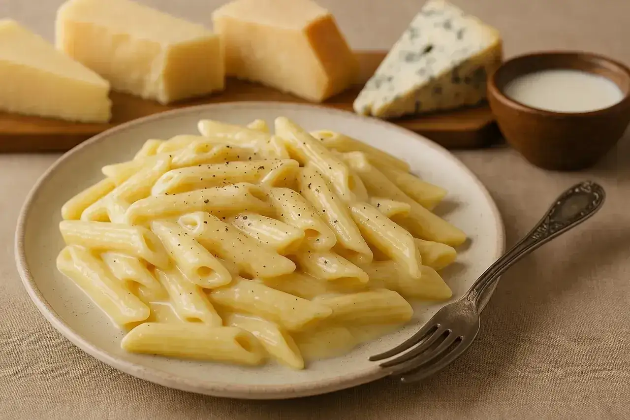 Penne w kremowym sosie serowym, posypane pieprzem. W tle kawałki parmezanu i sera pleśniowego, a także miseczka mleka. Idealny sos serowy do makaronu.