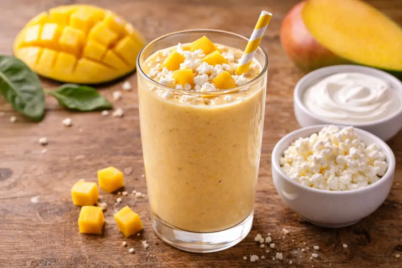 Orzeźwiający mango lassi, udekorowany kostkami mango i serem. Obok miseczki z jogurtem i twarożkiem, oraz połówka mango.