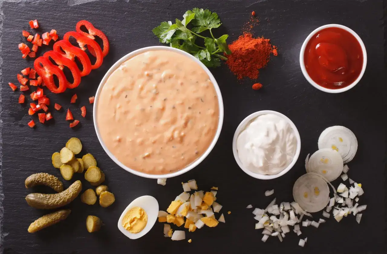 Składniki do sosu tysiąca wysp: majonez, ketchup, papryka, ogórki, jajko, cebula, natka.