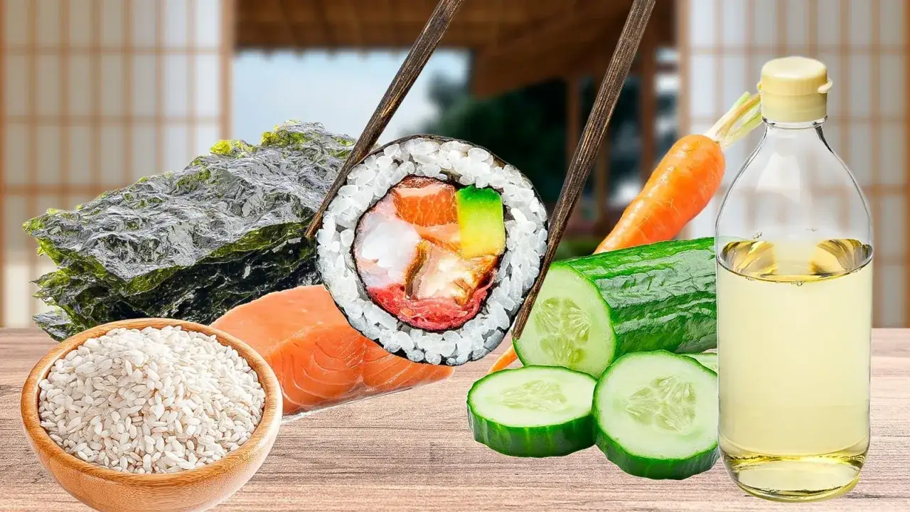 Świeże składniki do sushi: ryż, łosoś, nori, ogórek, marchewka i butelka oleju. Gotowi na domowe sushi!